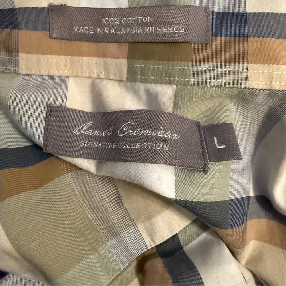 DANIEL CREMIEUX Men’s Tan and green plaid short sleeve button up shirt. Large - Picture 3 of 4